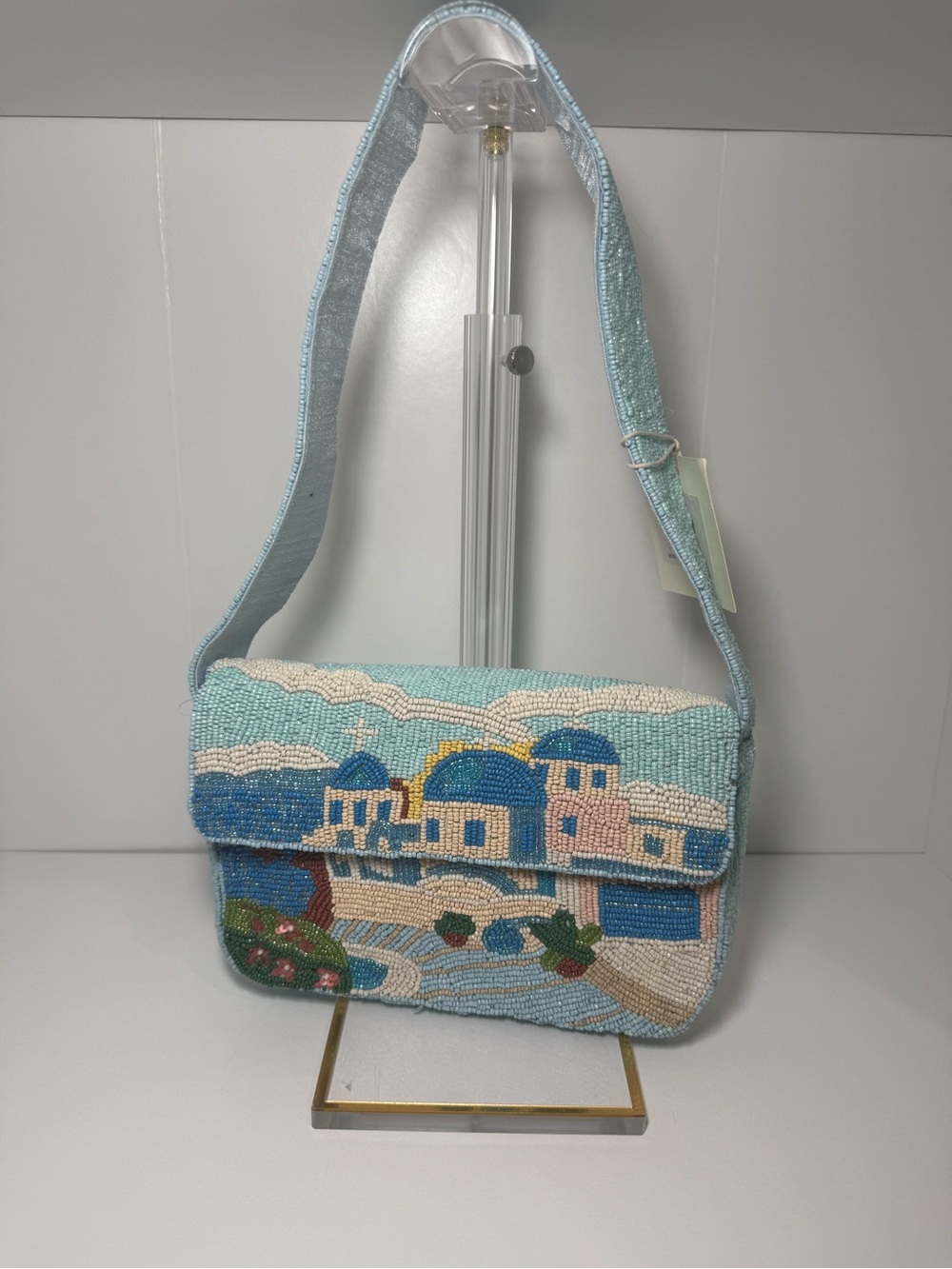 Beaded Mediterranean Scene Shoulder Bag in Light Blue